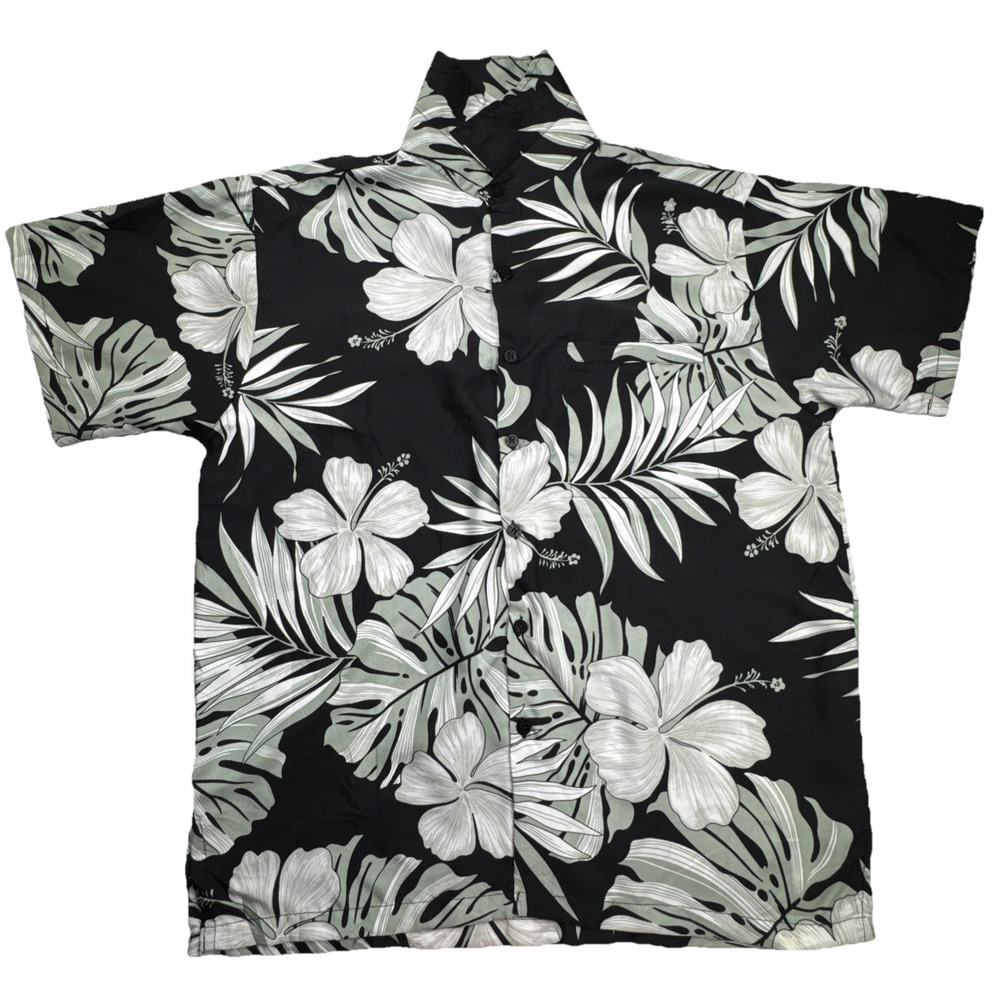 Rima Hawaiian Shirt Tropical‎ Hibiscus Monstera Print Terivoile M Black White